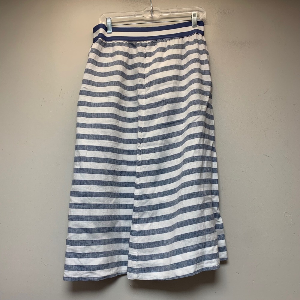 J. Jill Love Linen Skirt Womens S Petite Blue White Striped Midi Button Front EX